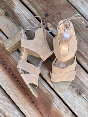 Franco Sarto Strappy Sandals 10 Tan Suede Snakeskin High Block Heel Shoes Boho